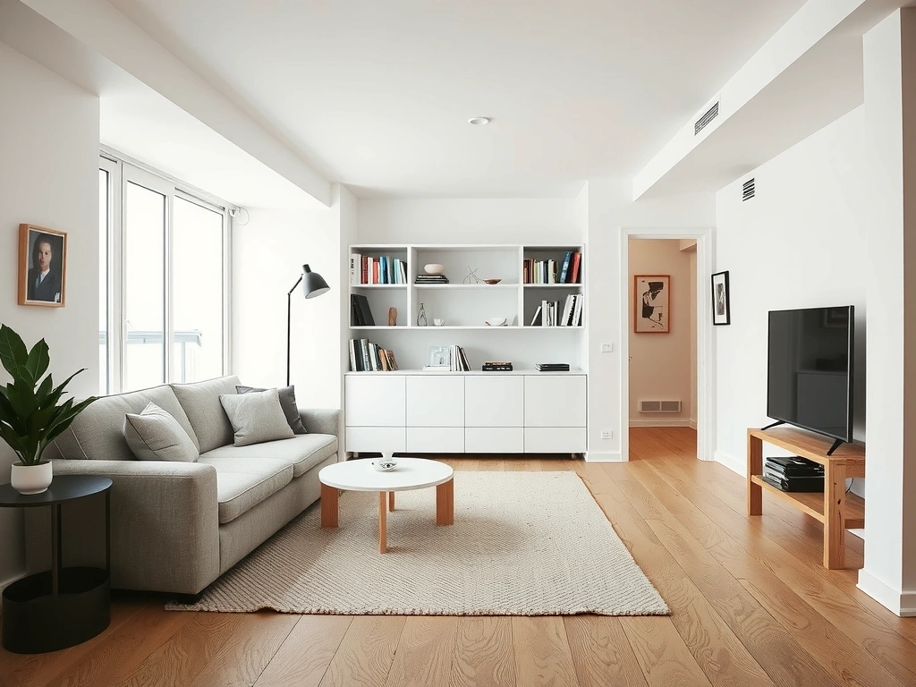 A serene, clean Parisian living room with soft morning light