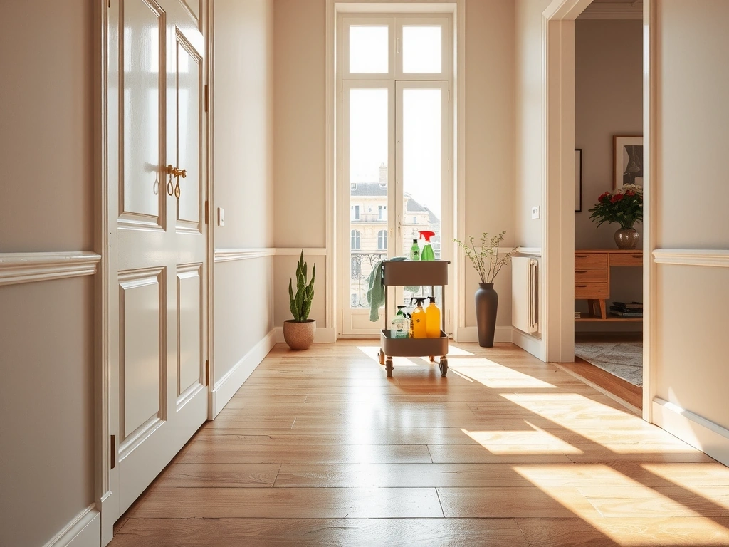 A serene, clean Parisian apartment hallway